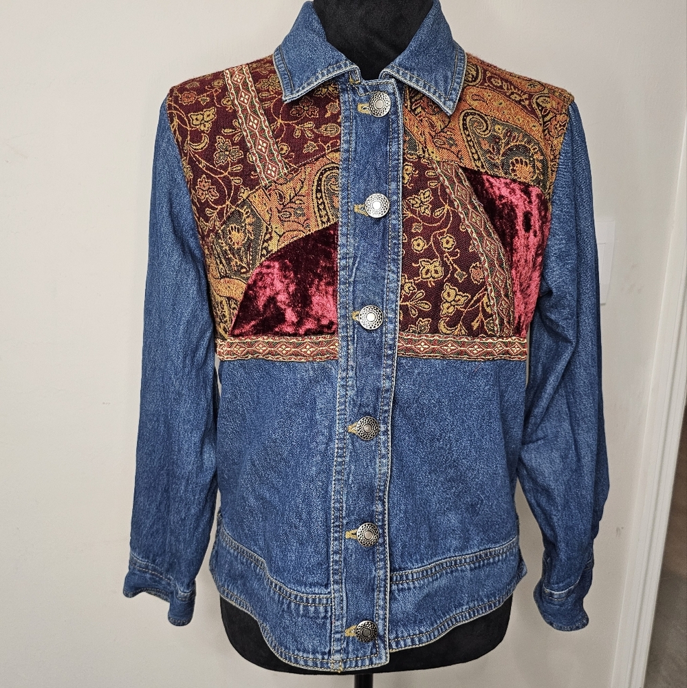 Vintage Studio Works Womens Jean Jacket Tapestry Velvet‎ Patchwork Petite S - Picture 2 of 11